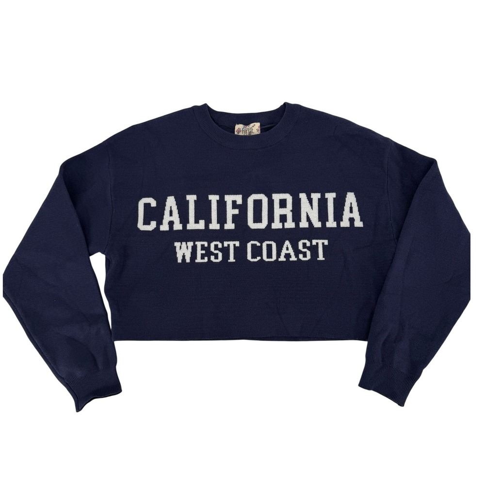 Hippie Rose California West Coast Cropped Sweater Navy‎ Blue Varisty Boho Chic - Picture 2 of 7
